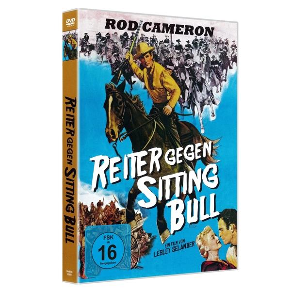DVD-Cover: Cowboy auf Pferd, Titel 'Reiter Gegen Sitting Bull', und Schauspieler.
