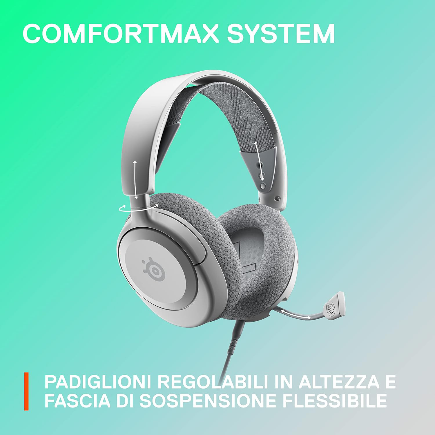 Cuffie da gaming bianche e grigie con microfono. Il testo recita 'COMFORTMAX SYSTEM' e testo italiano sotto.