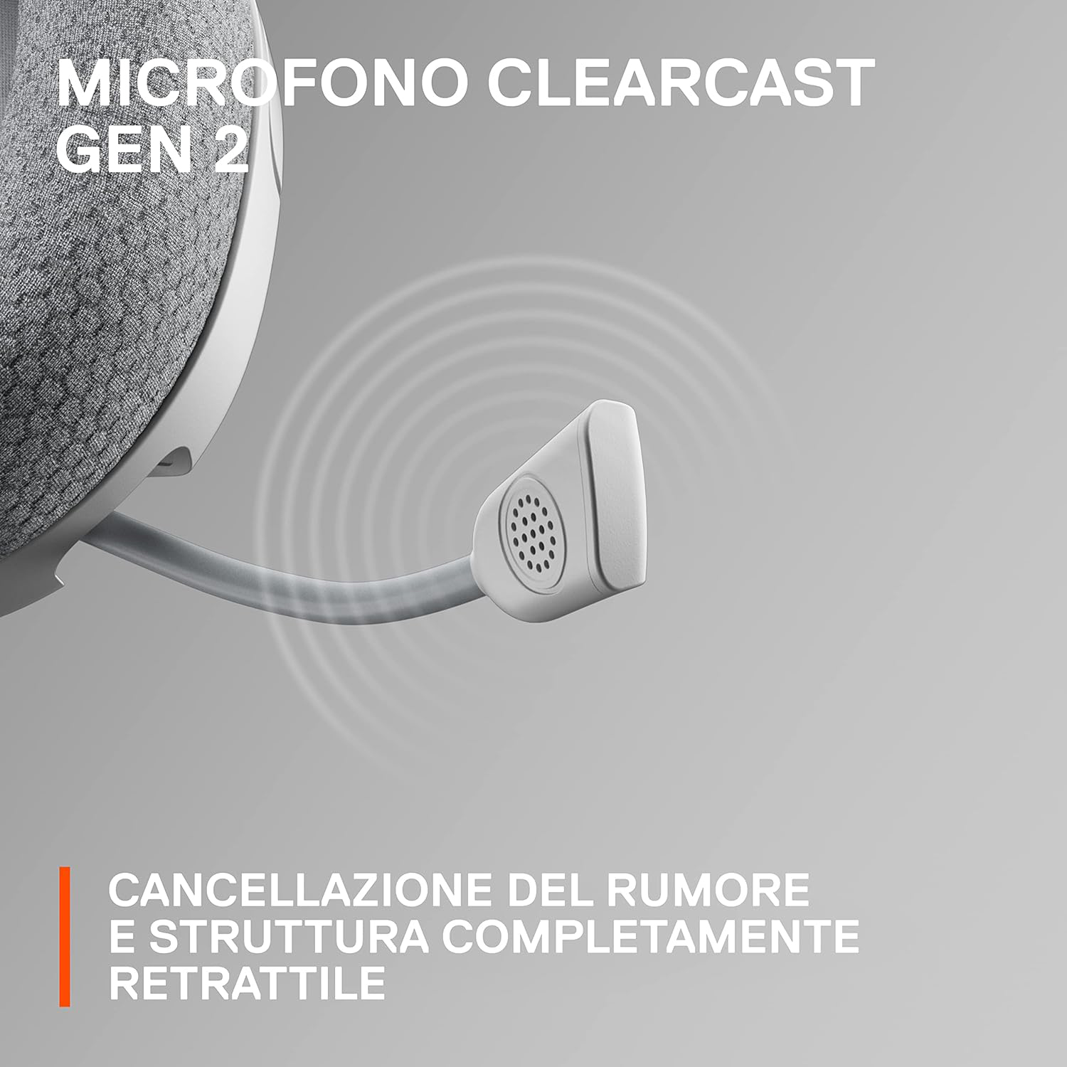 Microfono bianco e grigio con braccio esteso. Testo: Microfono Clearcast Gen 2.