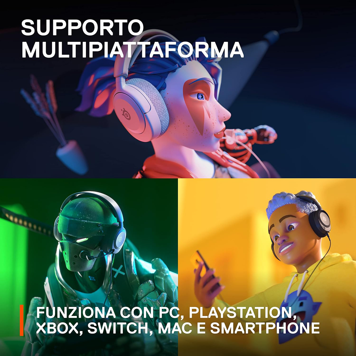 Tre personaggi stilizzati con cuffie. L'immagine mostra il supporto per PC, PlayStation, Xbox, Switch, Mac e smartphone.