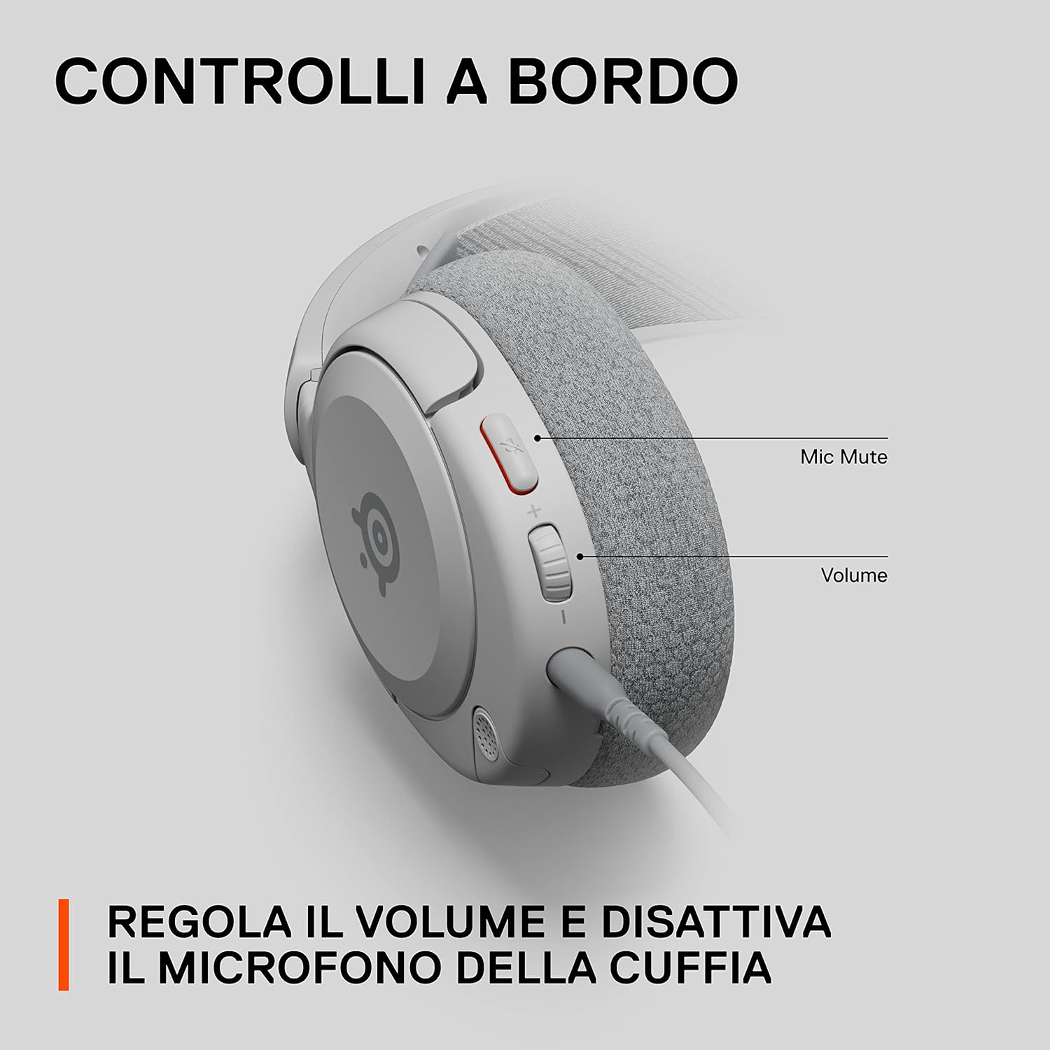 Primo piano di una cuffia bianca con pulsanti di controllo.