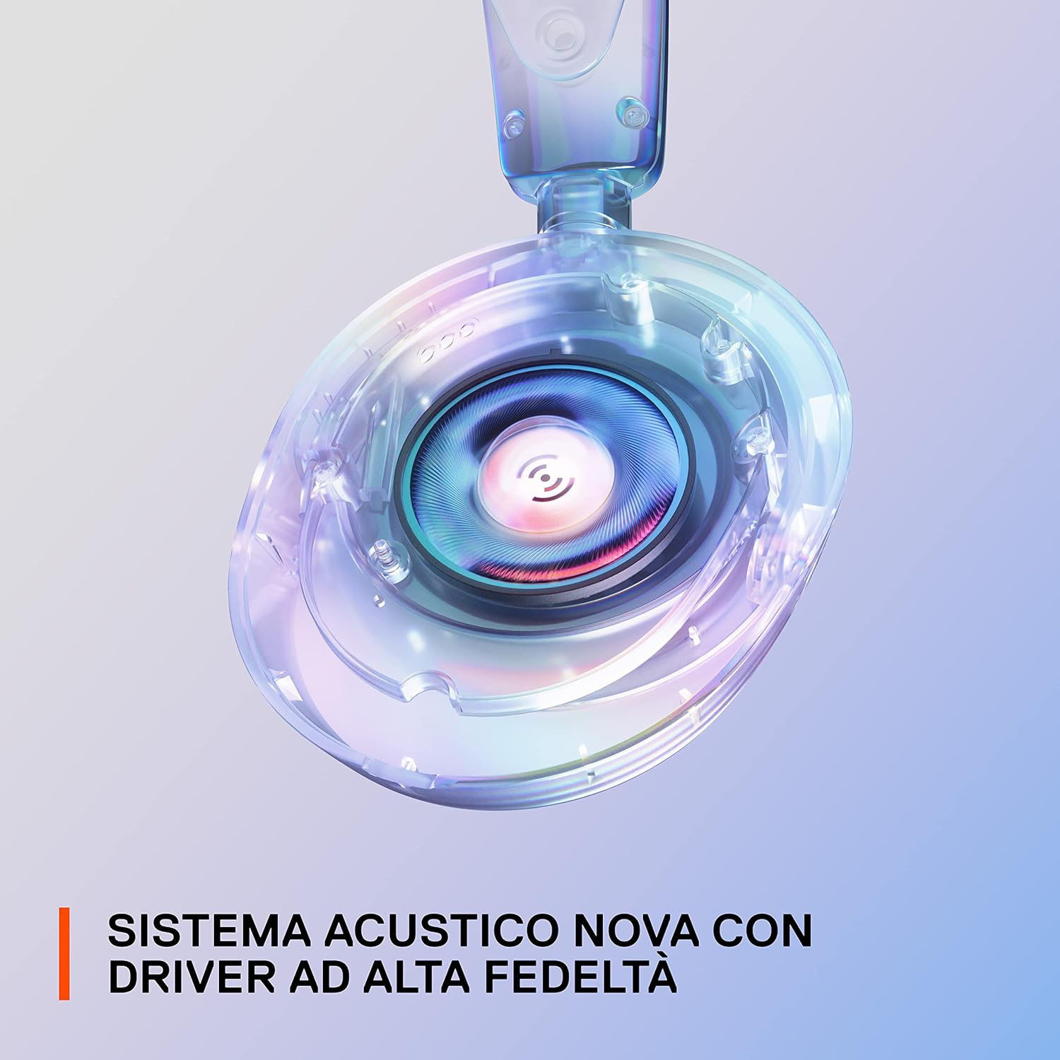 Cuffie trasparenti, che mostrano un altoparlante e il testo 'SISTEMA ACUSTICO NOVA'.