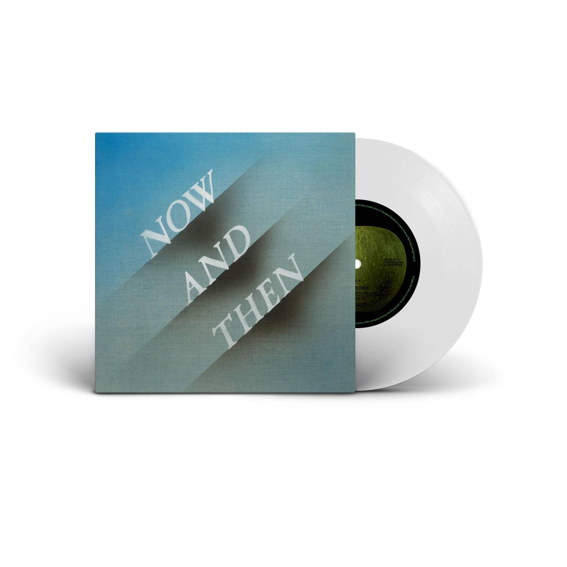 Vinyl Schallplatte mit Hülle. Hülle mit weißer Aufschrift 'NOW AND THEN' auf blau-grauem Hintergrund.