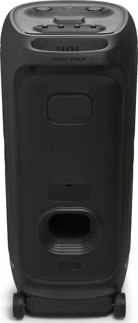 Czarny głośnik JBL PartyBox, wysoki i cylindryczny z kółkami.