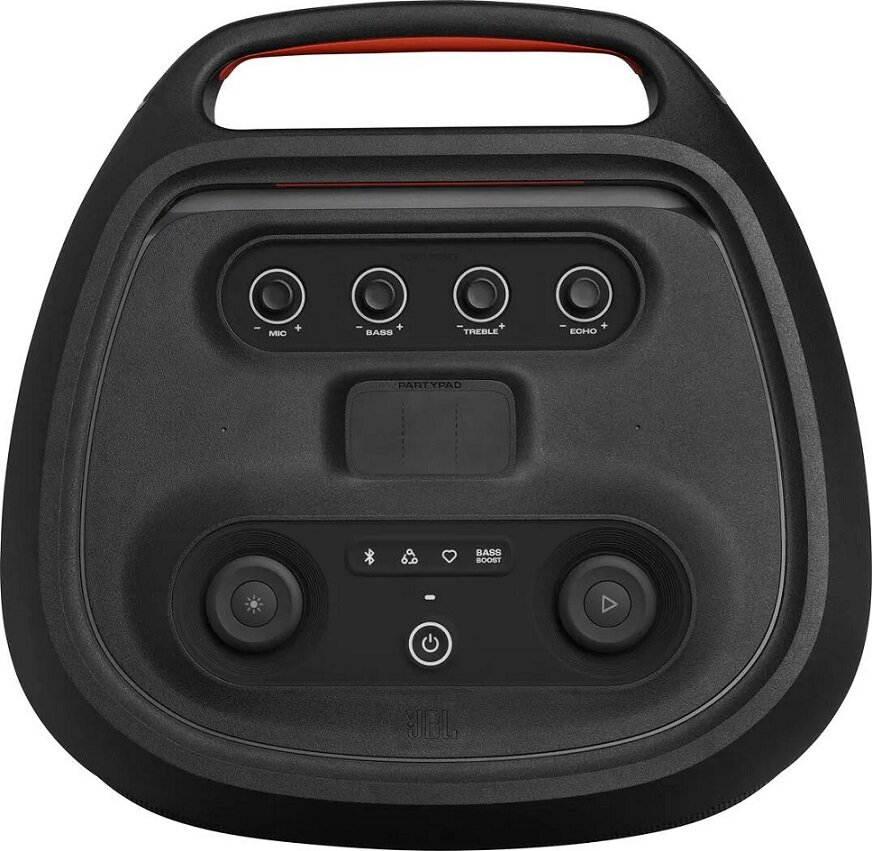 Czarny głośnik z przyciskami sterowania dla Mikrofonu, Basów, Sopranów, Echa i wzmocnienia basów. Na górze znajduje się uchwyt.