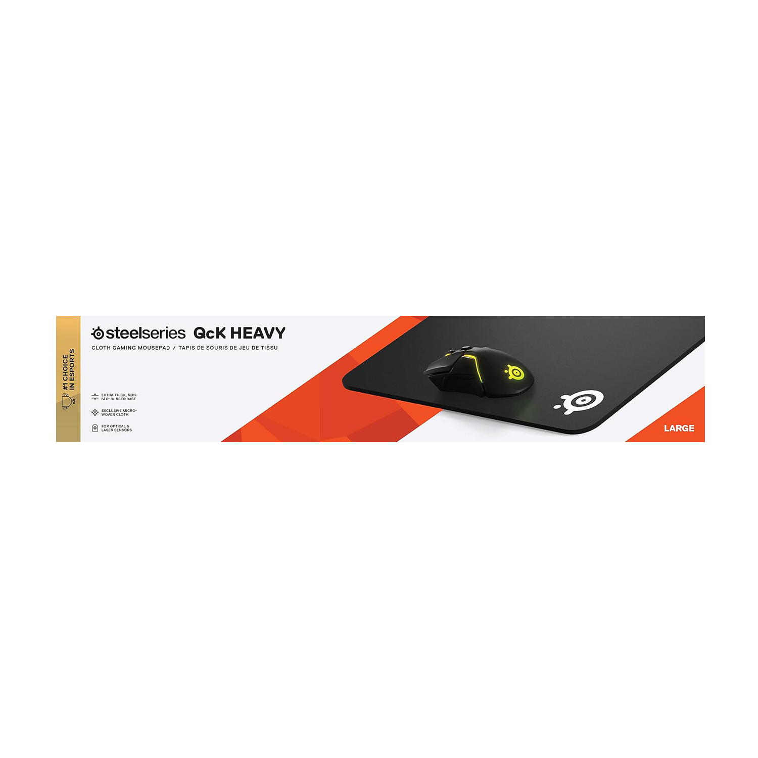 Tappetino per mouse da gioco nero e arancione con un mouse nero. Il marchio è Steelseries.