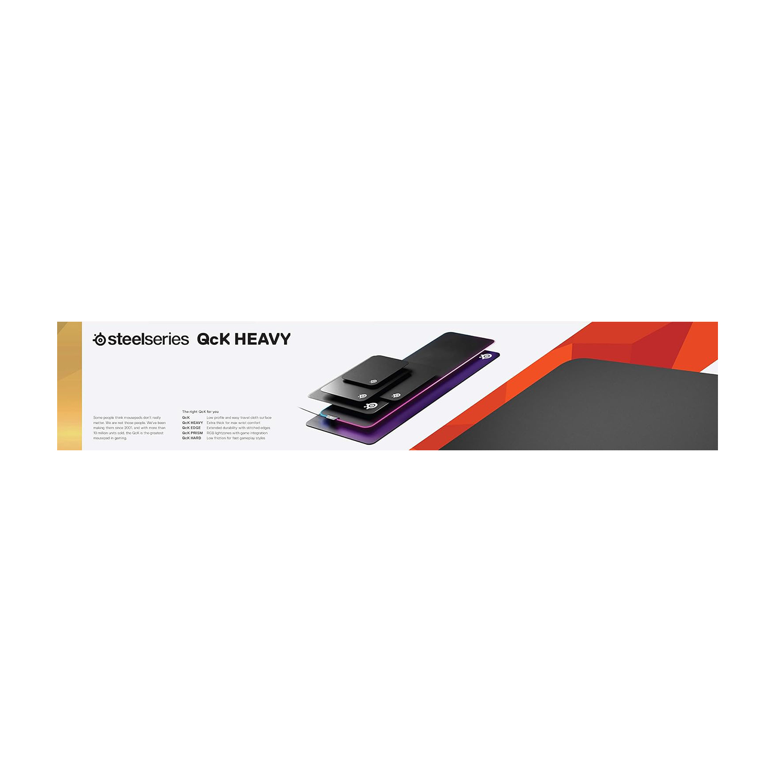 Tappetino per mouse SteelSeries QcK HEAVY. Vista dei modelli QcK, QcK Heavy e QcK Hard.