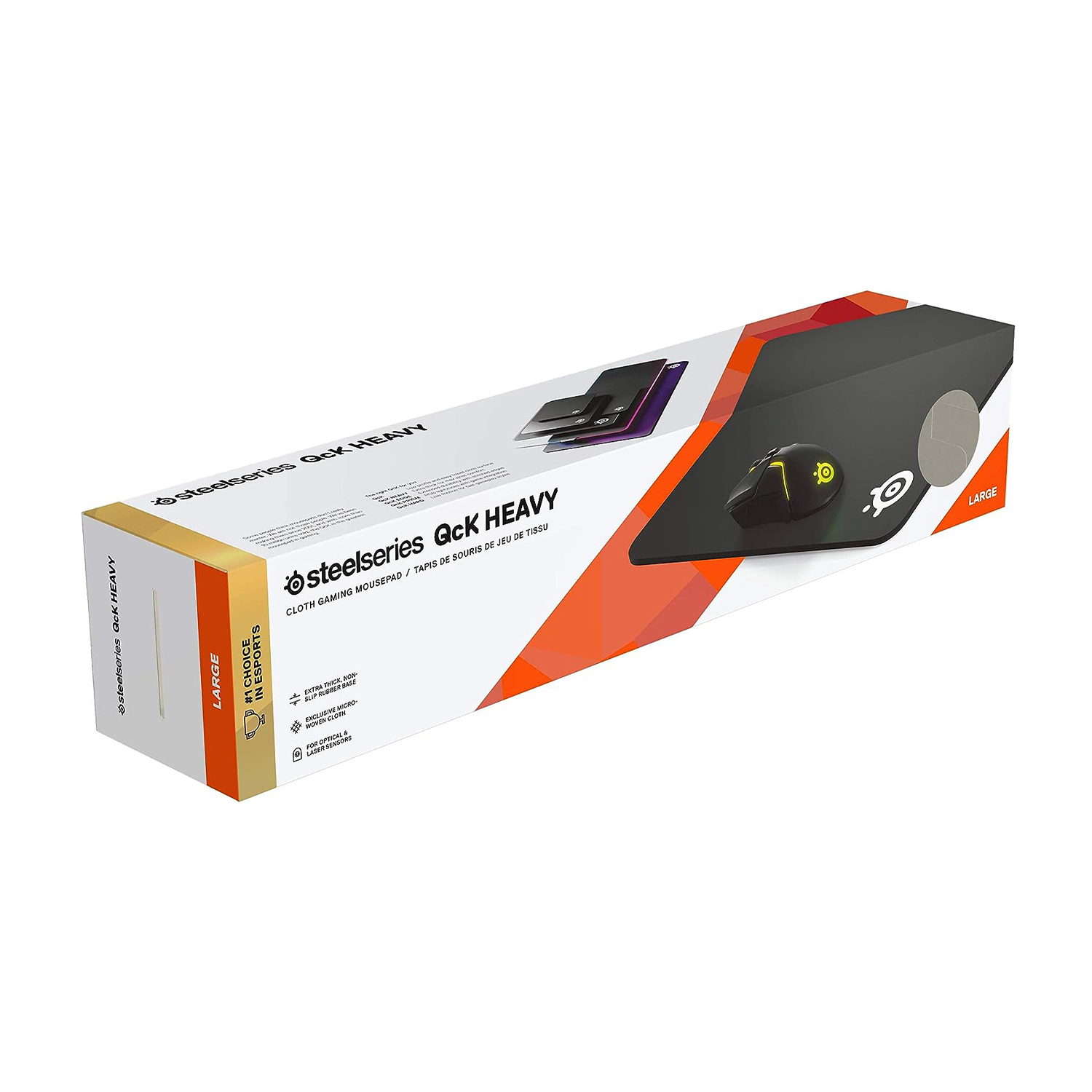 Scatola tappetino mouse Steelseries QcK HEAVY, con immagine del tappetino, su bianco.