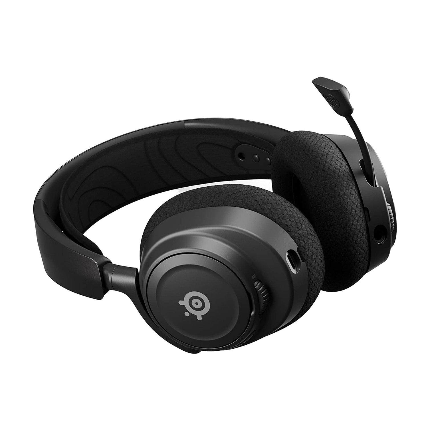 Cuffie SteelSeries nere e grigie, angolate, con microfono.