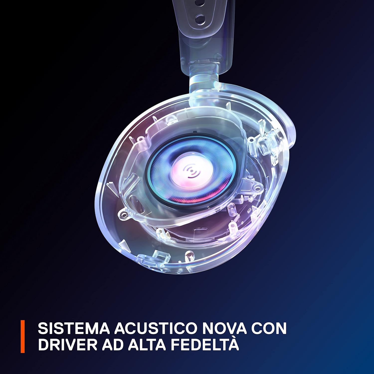 Interno delle cuffie con componenti visibili. Illuminazione blu e viola.