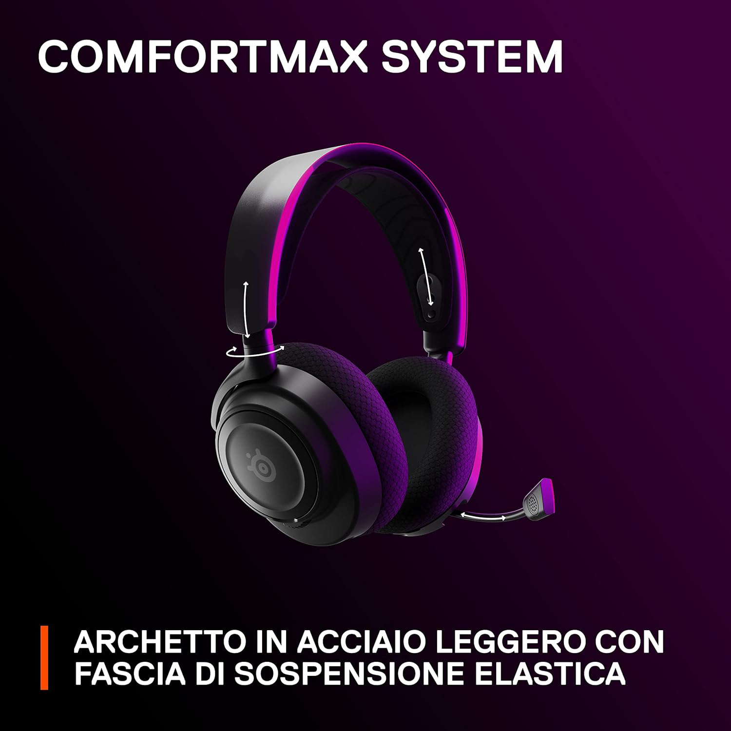 Cuffie da gioco nere e viola. In alto c'è scritto 'COMFORTMAX SYSTEM'.