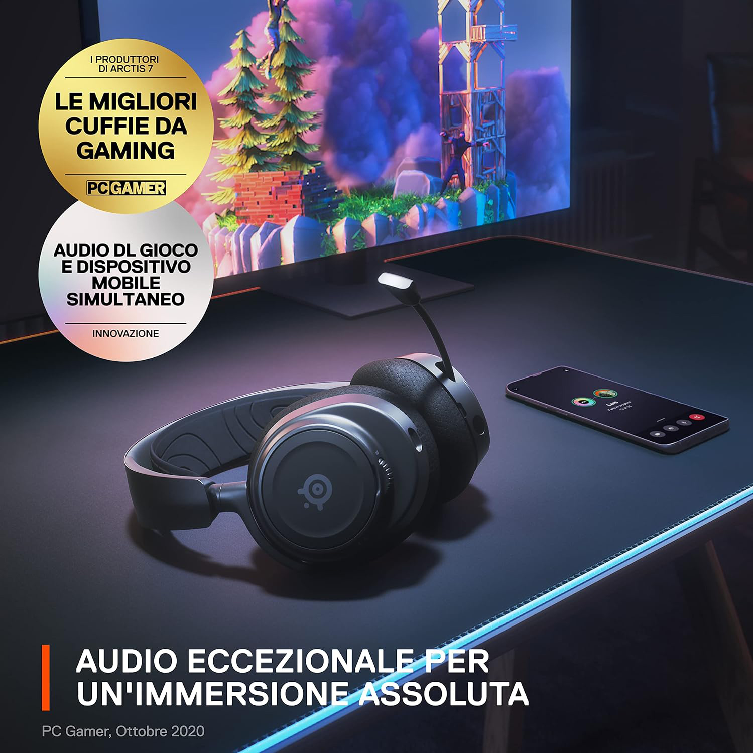 Cuffie da gaming con microfono, un telefono cellulare e il testo in italiano.