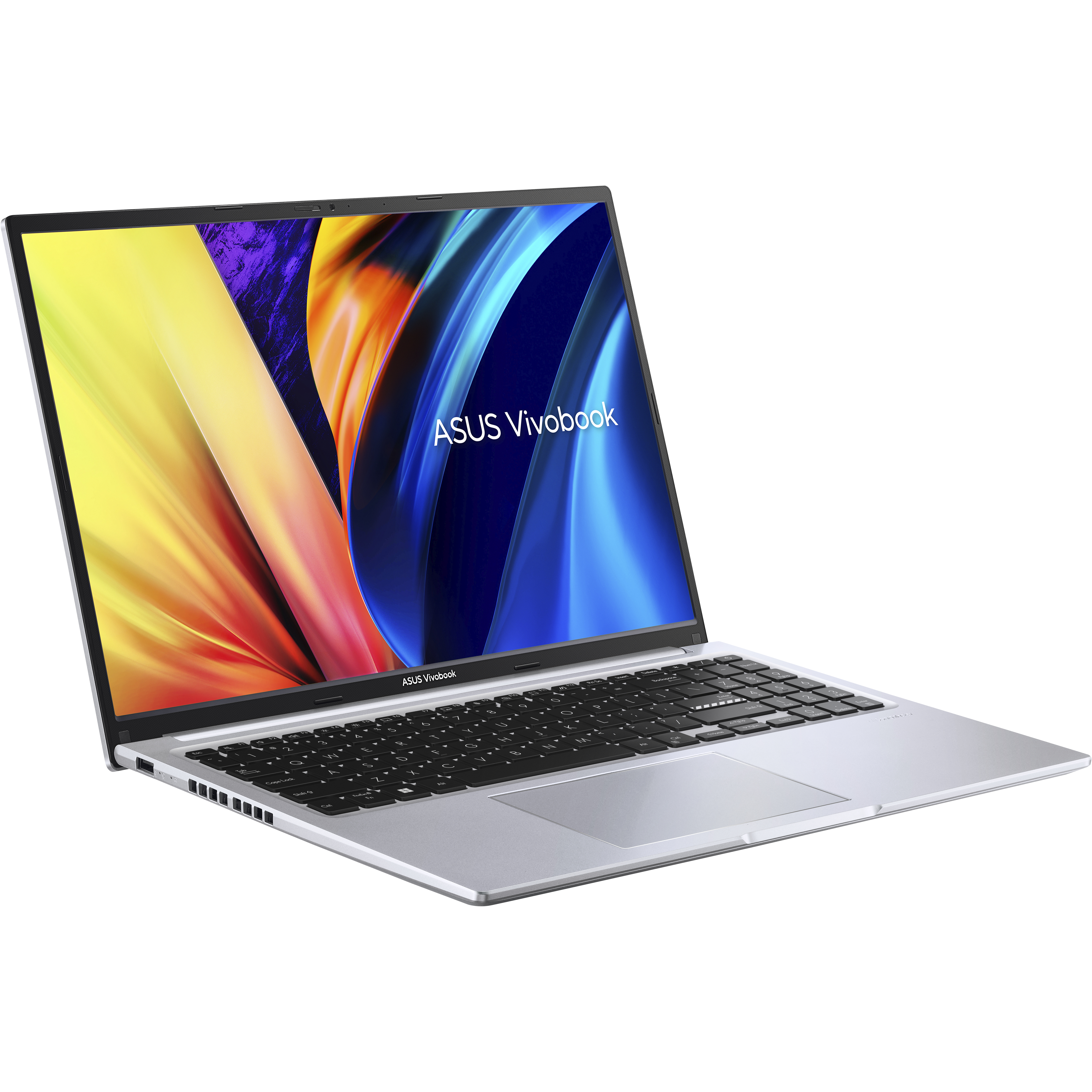 Portátil plateado ASUS Vivobook con pantalla colorida, abierto en ángulo.