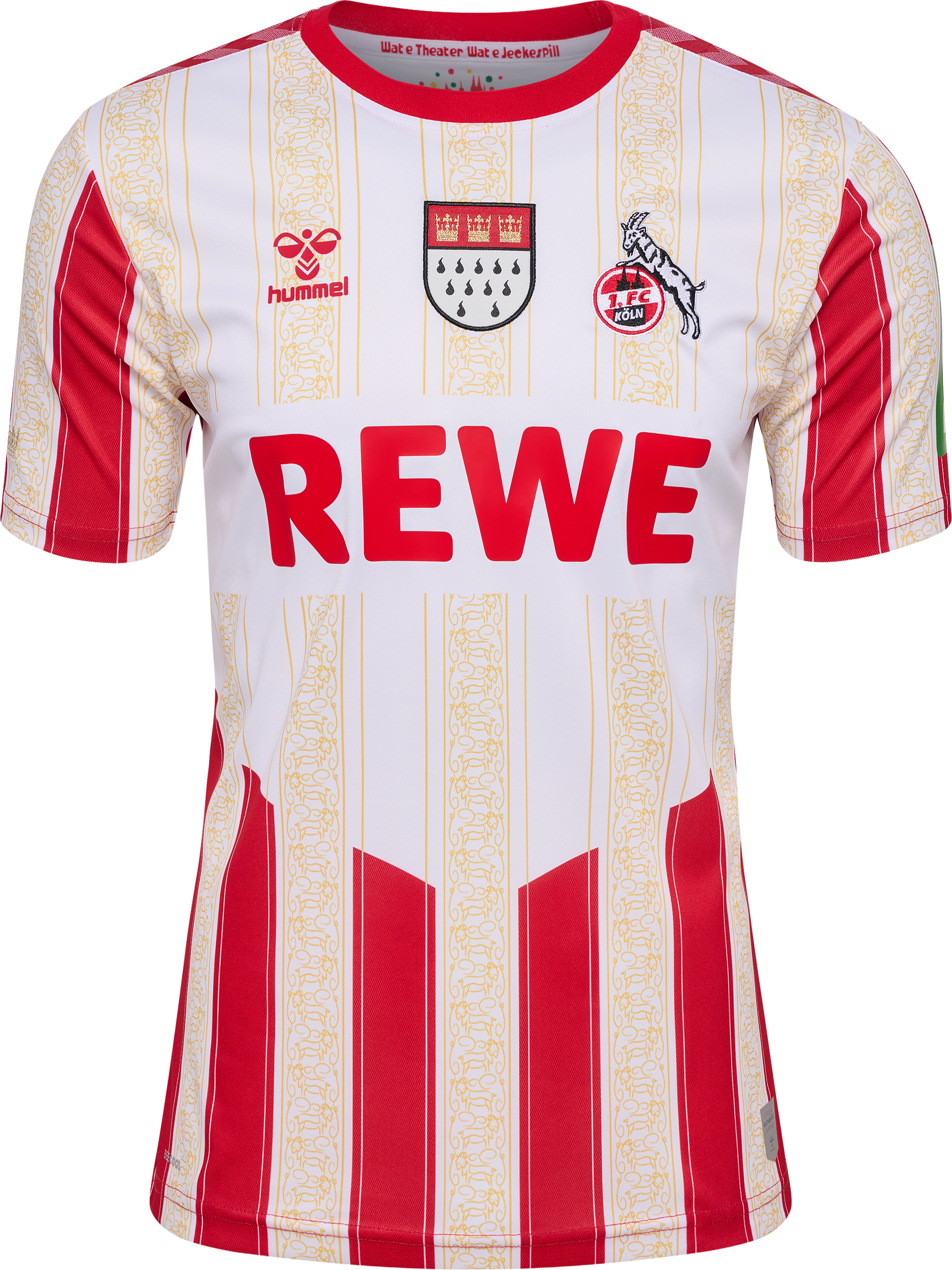 Ein weiß-rotes Fußballtrikot mit REWE-Logo und Vereinswappen.