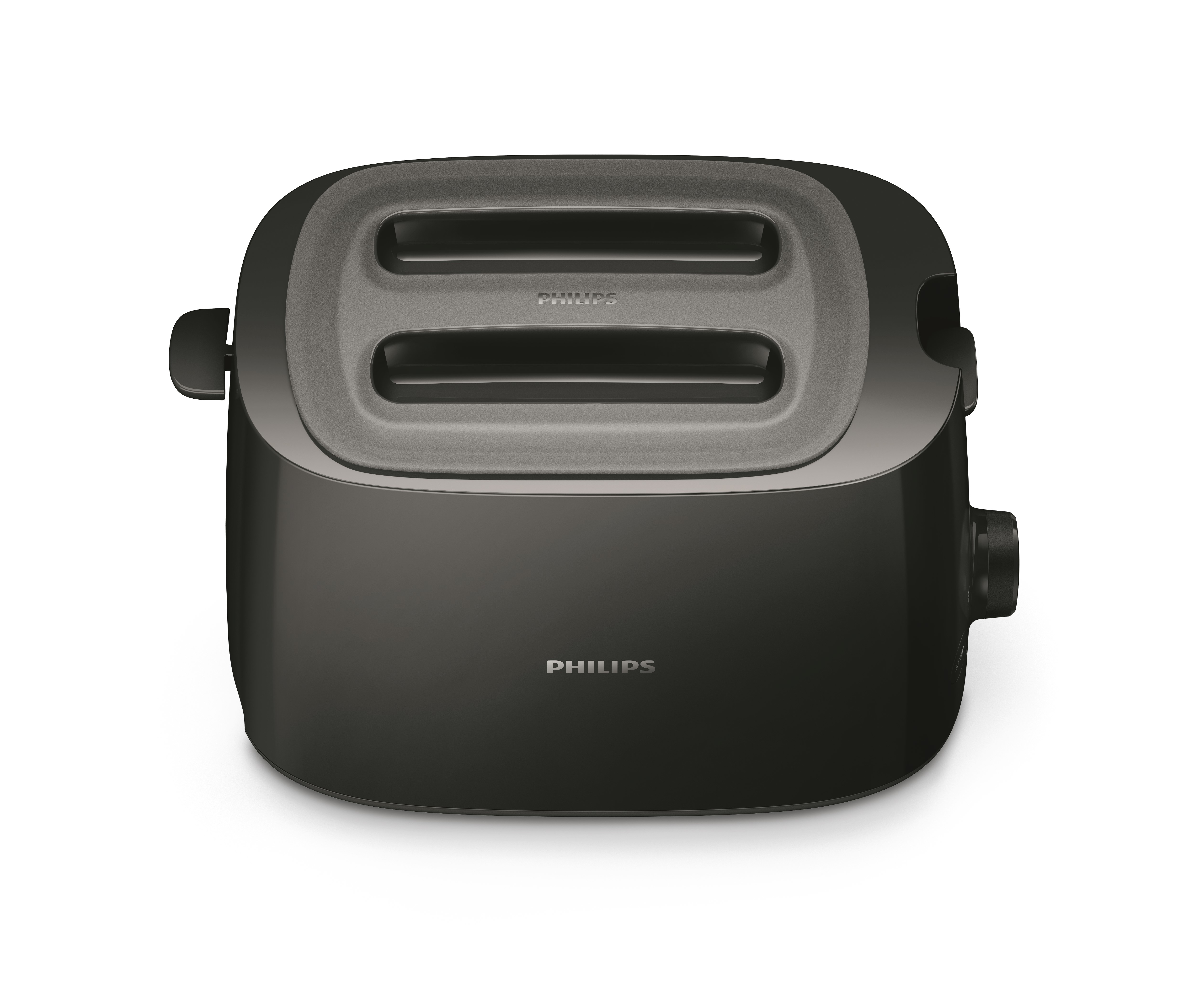 Egy fekete kenyérpirító Philips logóval. Két nyílása van, és egy fogantyú az oldalán.