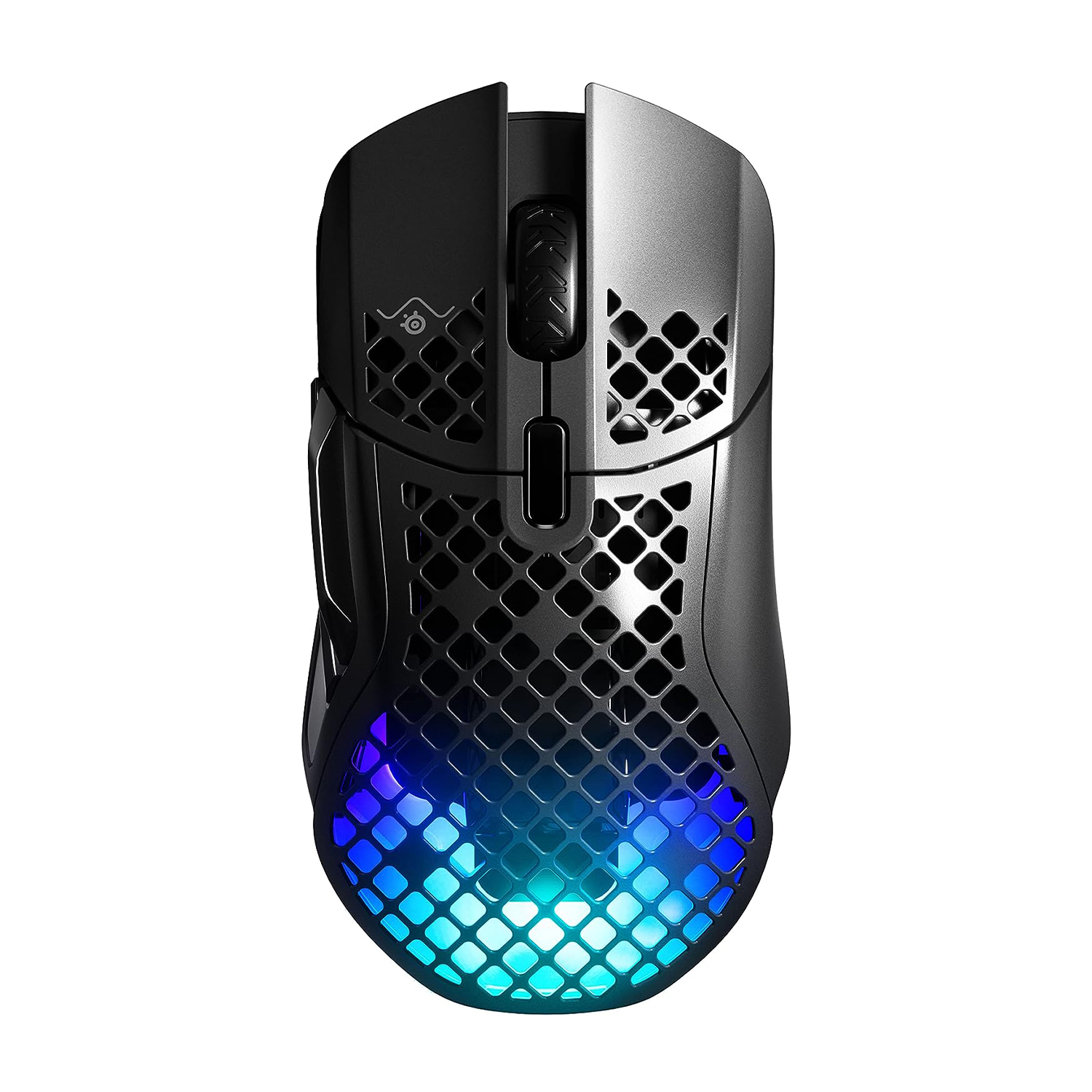 Mouse da gioco nero con illuminazione RGB e design a nido d'ape.