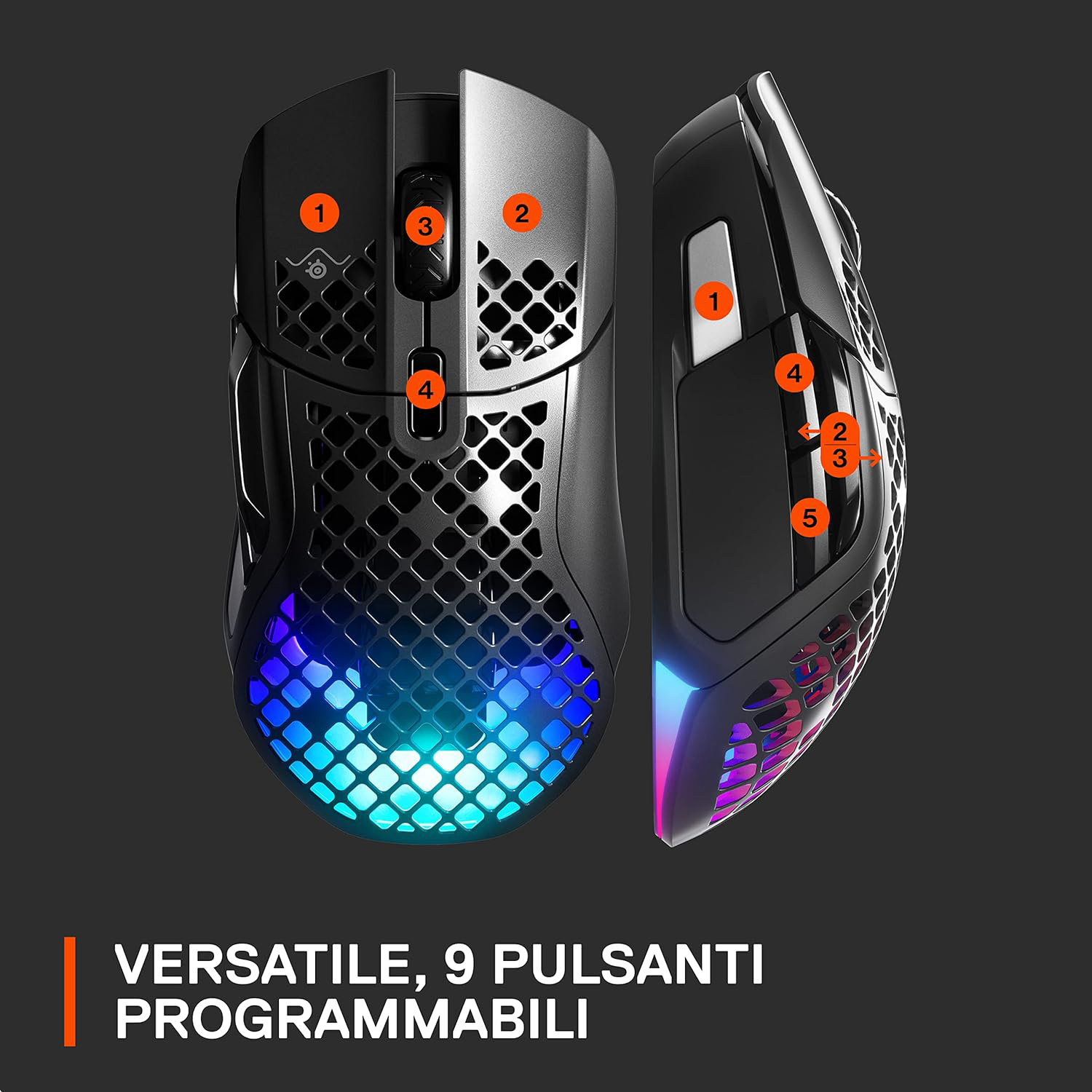 Un mouse da gioco nero visto dall'alto e di lato, mostra pulsanti e dettagli di design. Sfondo nero.