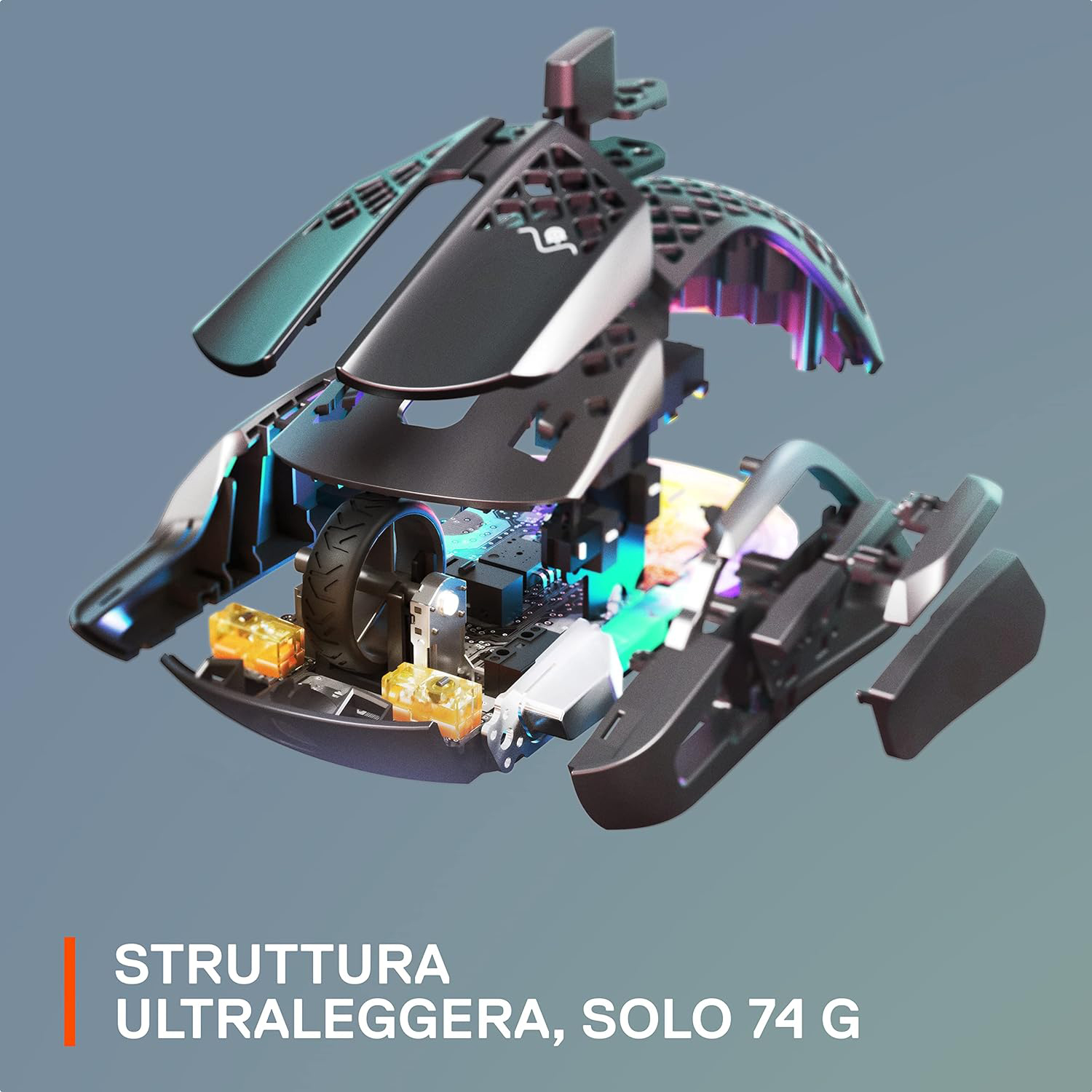Vista esplosa di un mouse da gioco, che mostra i componenti interni e una rotella.