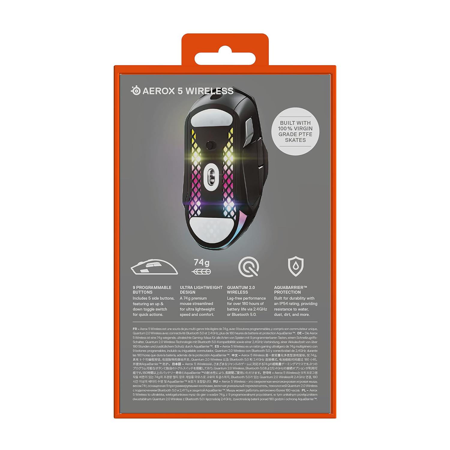 Scatola di un mouse da gioco in bianco e nero, con testo e icone.