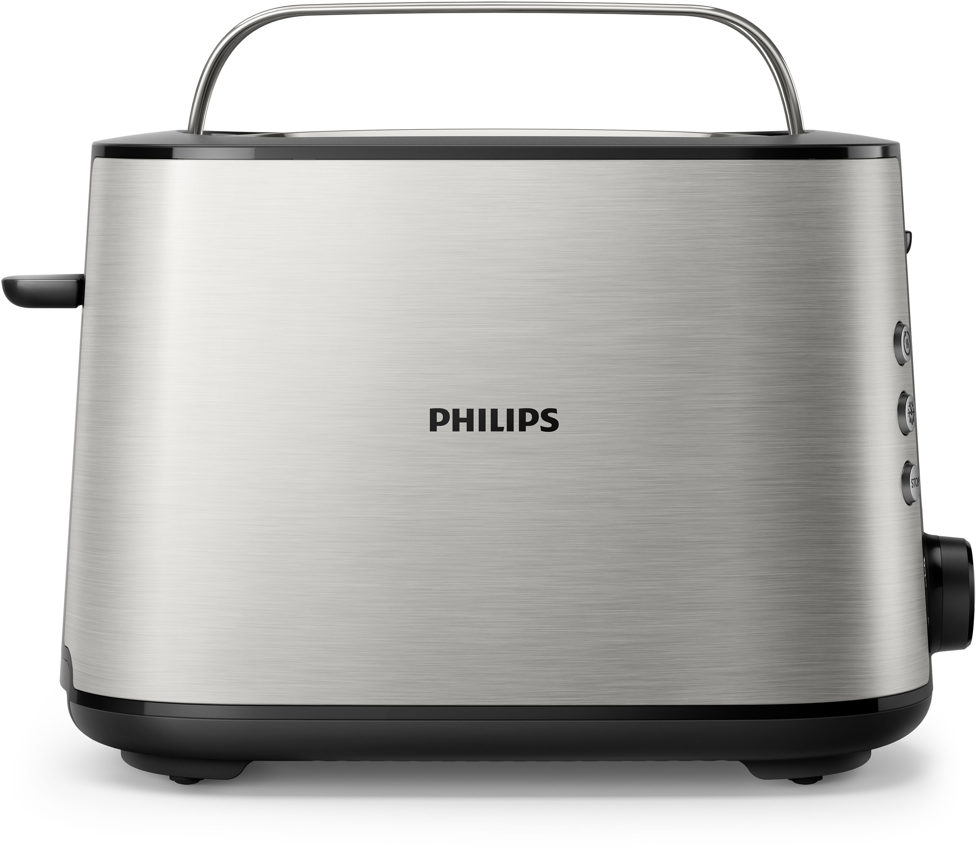 Ezüst Philips kenyérpirító fekete alappal és fogantyúval.