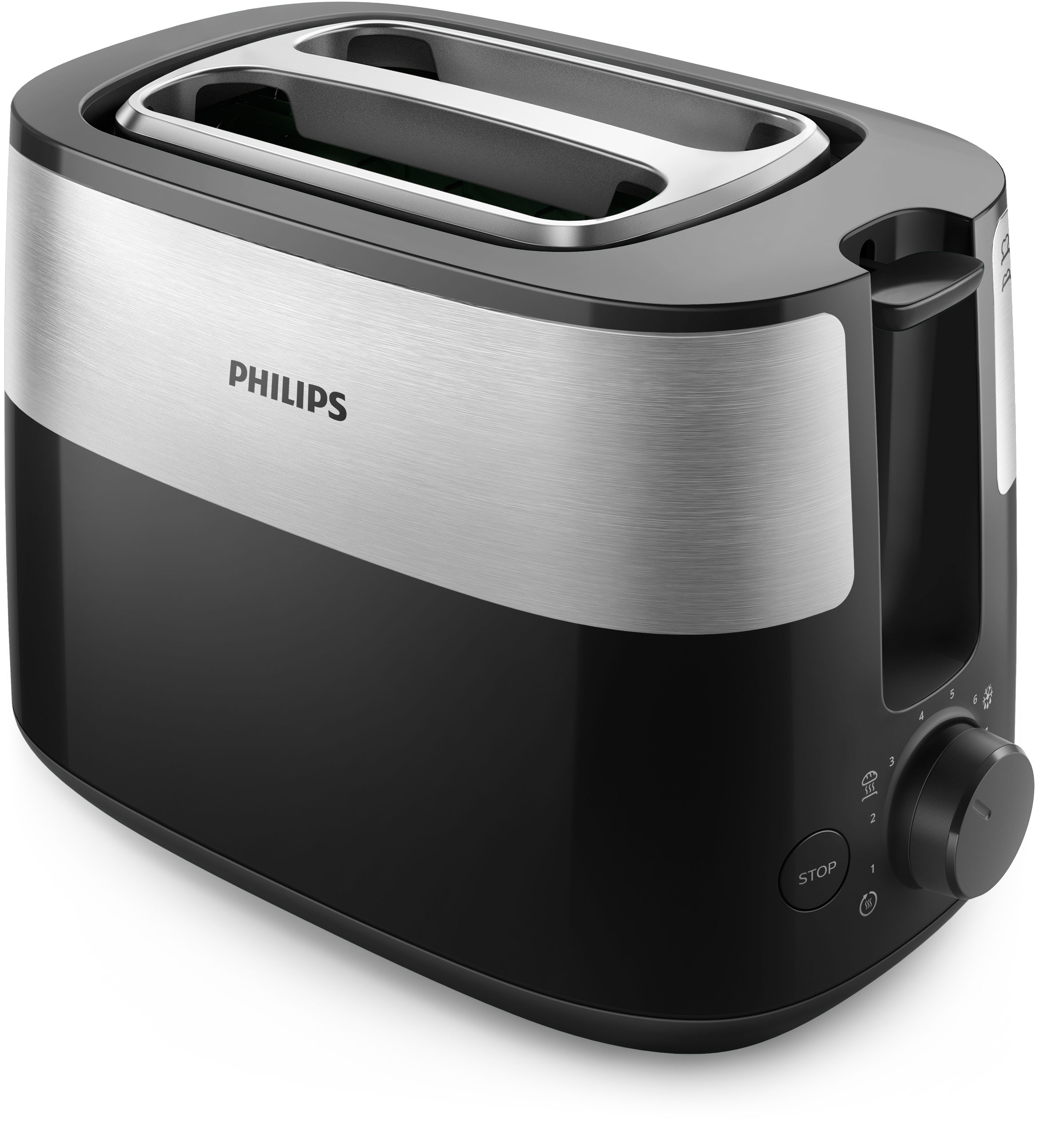 Egy fekete-ezüst Philips kenyérpirító fehér felületen. Van rajta egy vezérlőgomb és egy stop gomb.