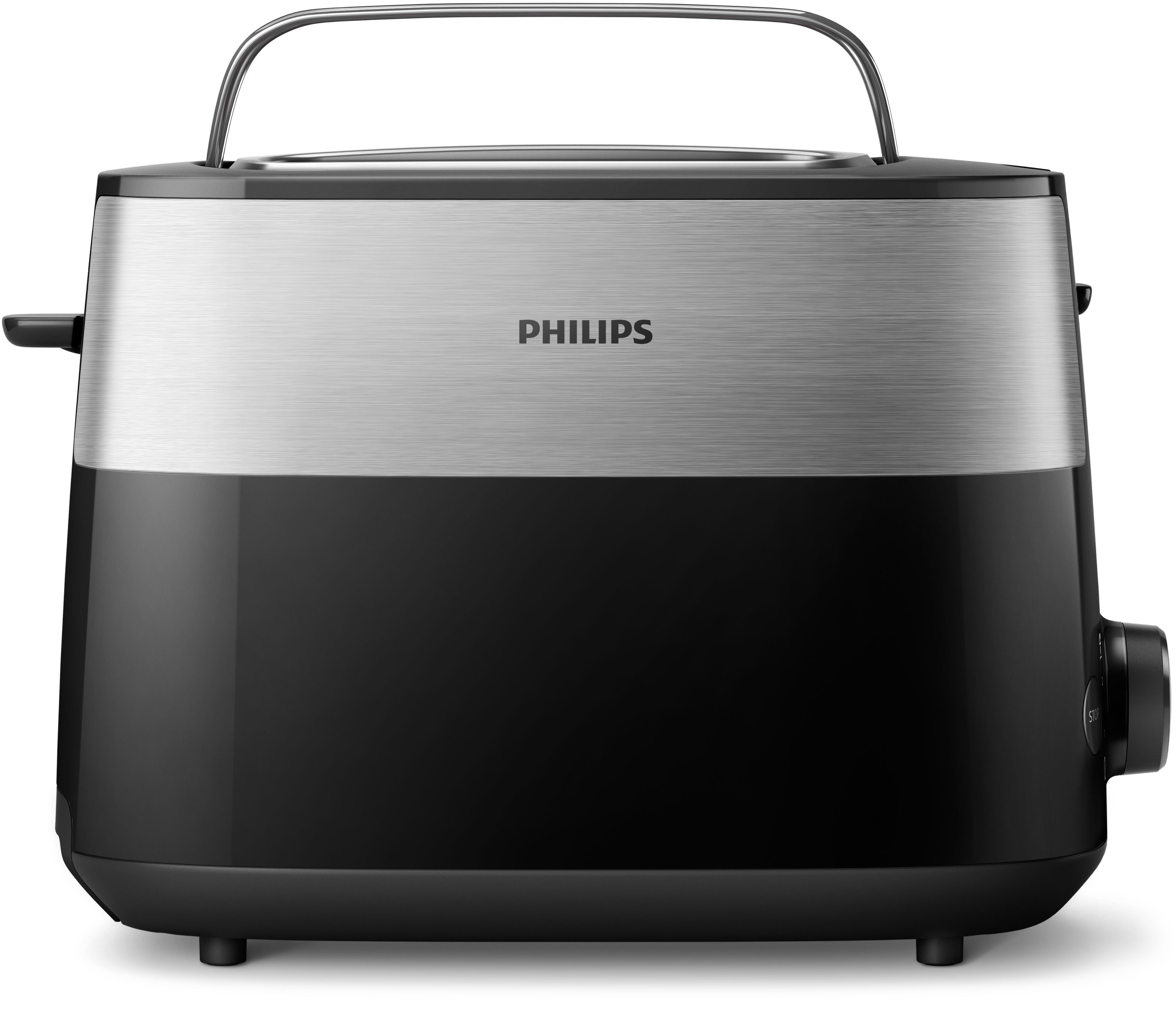 Egy fekete és ezüst kenyérpirító fogantyúval. A 'PHILIPS' márkanév középen van elhelyezve.
