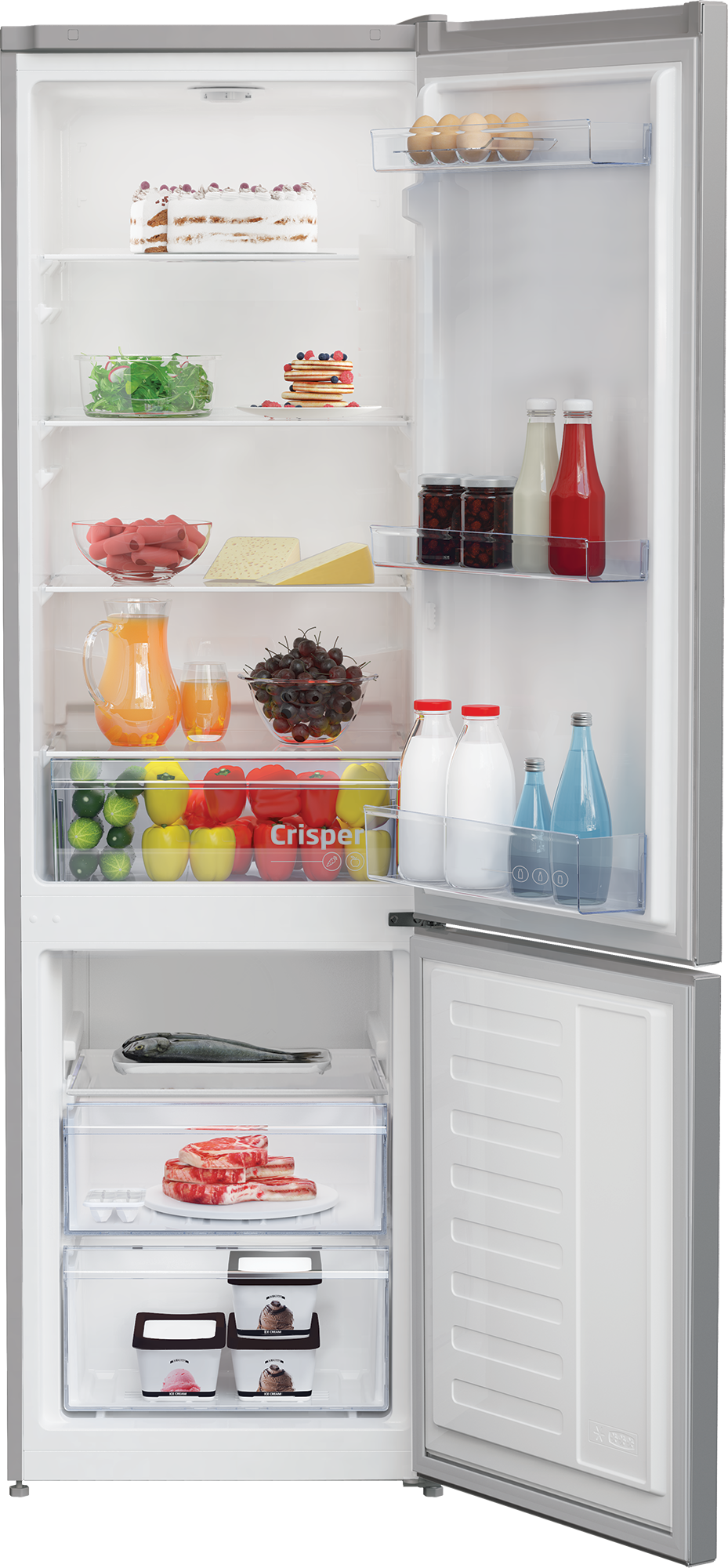 Kühlschrank mit offener Tür, zeigt Regale mit Lebensmitteln, darunter Obst, Gemüse und Flaschen.