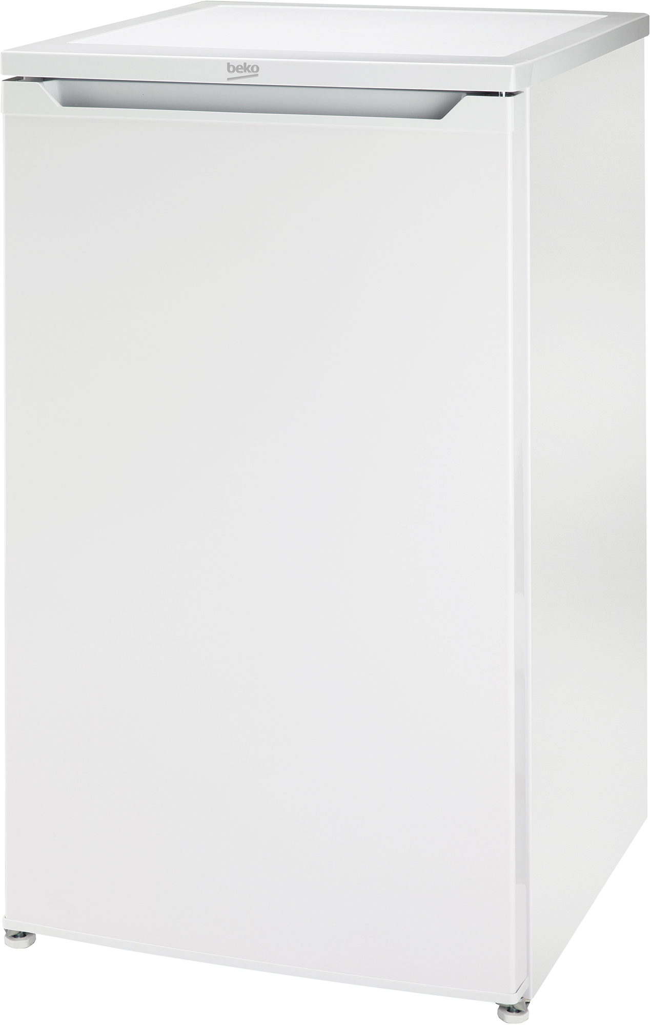 Weißer Beko Kühlschrank mit Griff und Füßen, vor weißem Hintergrund.