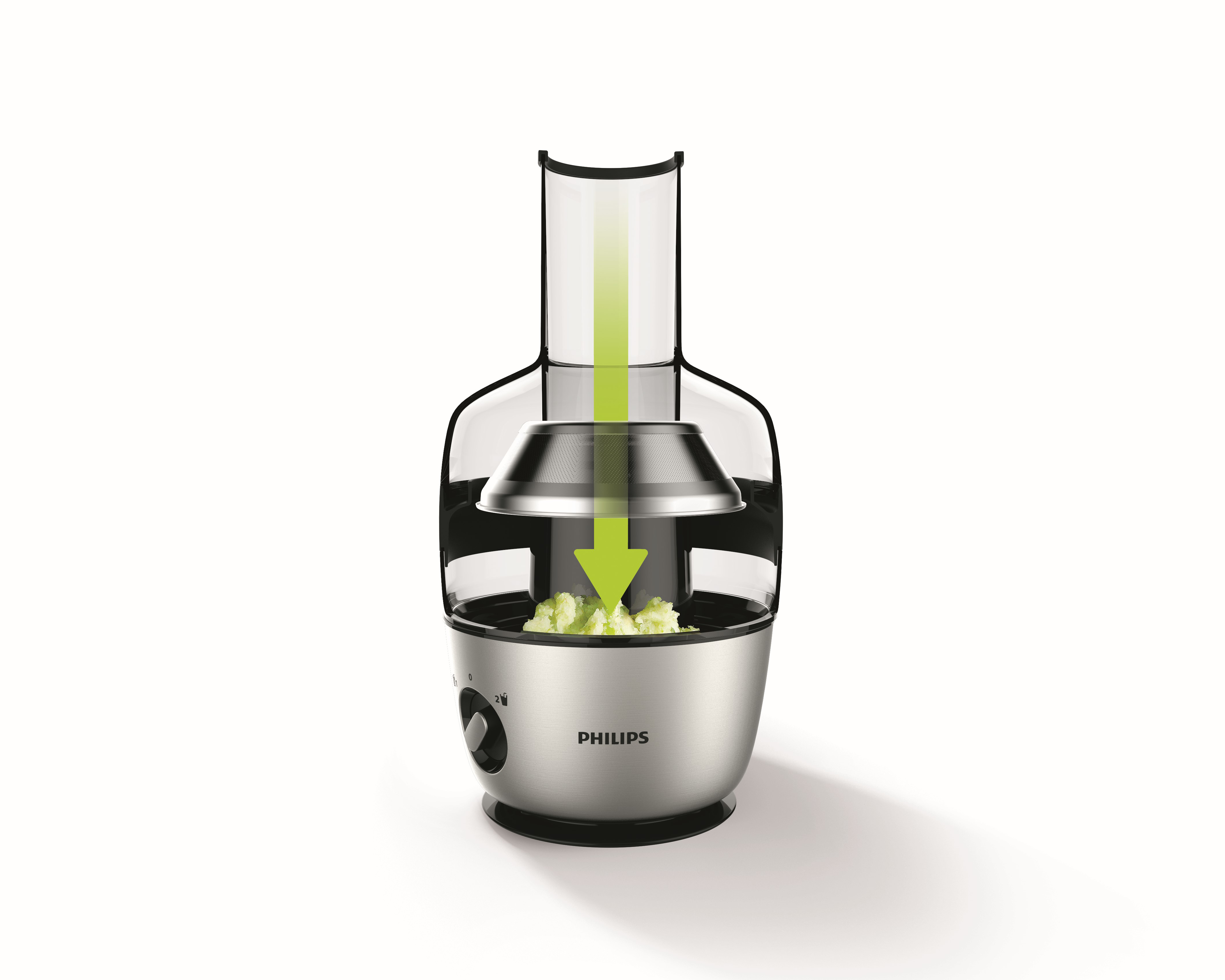 Ezüst Philips gyümölcscentrifuga. A zöld nyíl az összetevők mozgását jelzi.