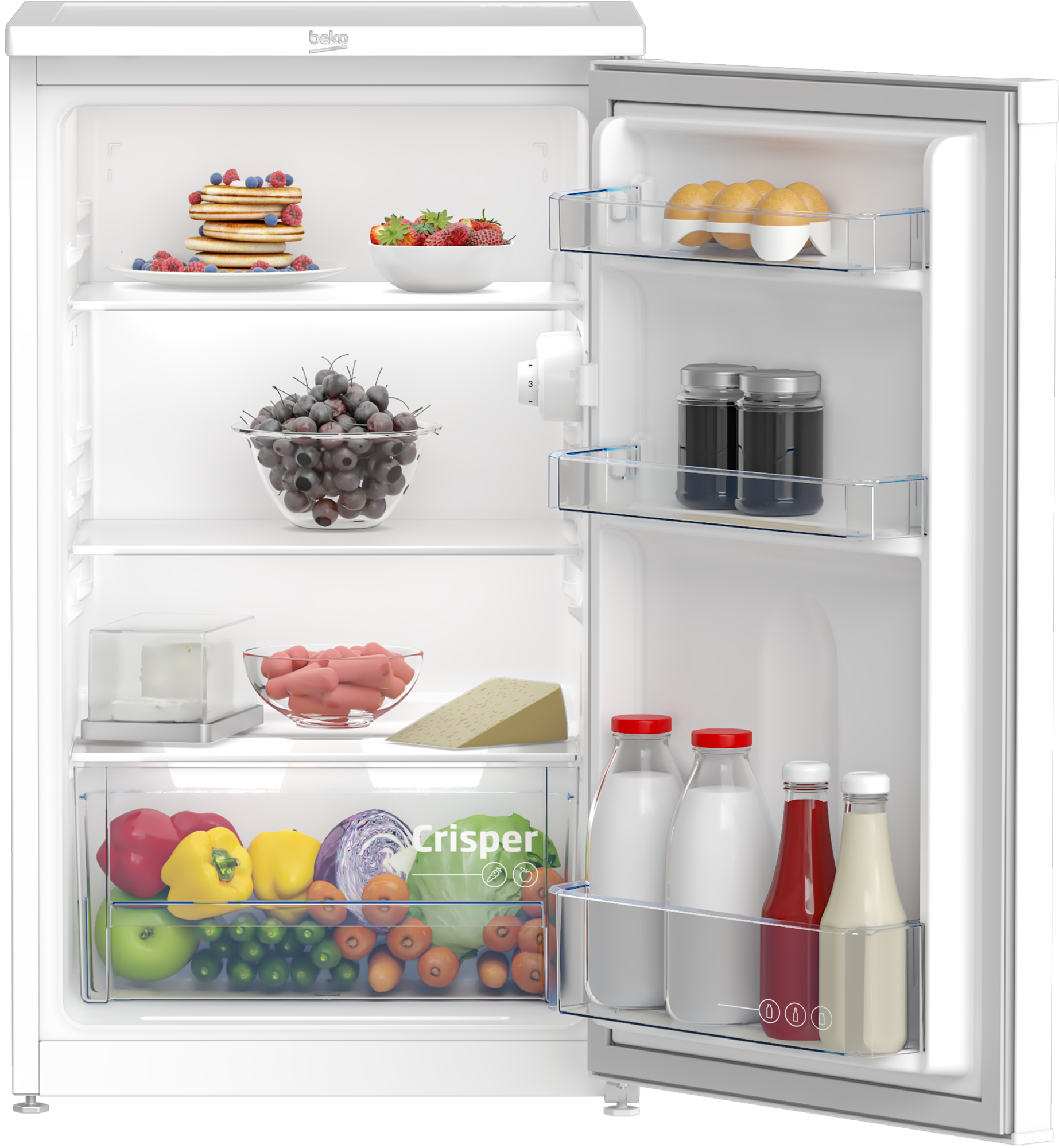 Geöffneter Beko Kühlschrank mit Regalen, die Lebensmittel wie Eier, Obst, Gemüse, Milch und Saucenflaschen halten.