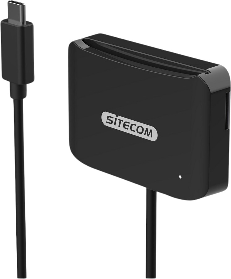 Black card reader with a cable and a USB-C connector. White SITECOM logo on it.