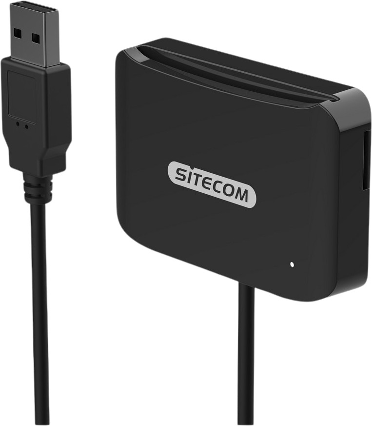 Black card reader with a USB cable. The brand is Sitecom.