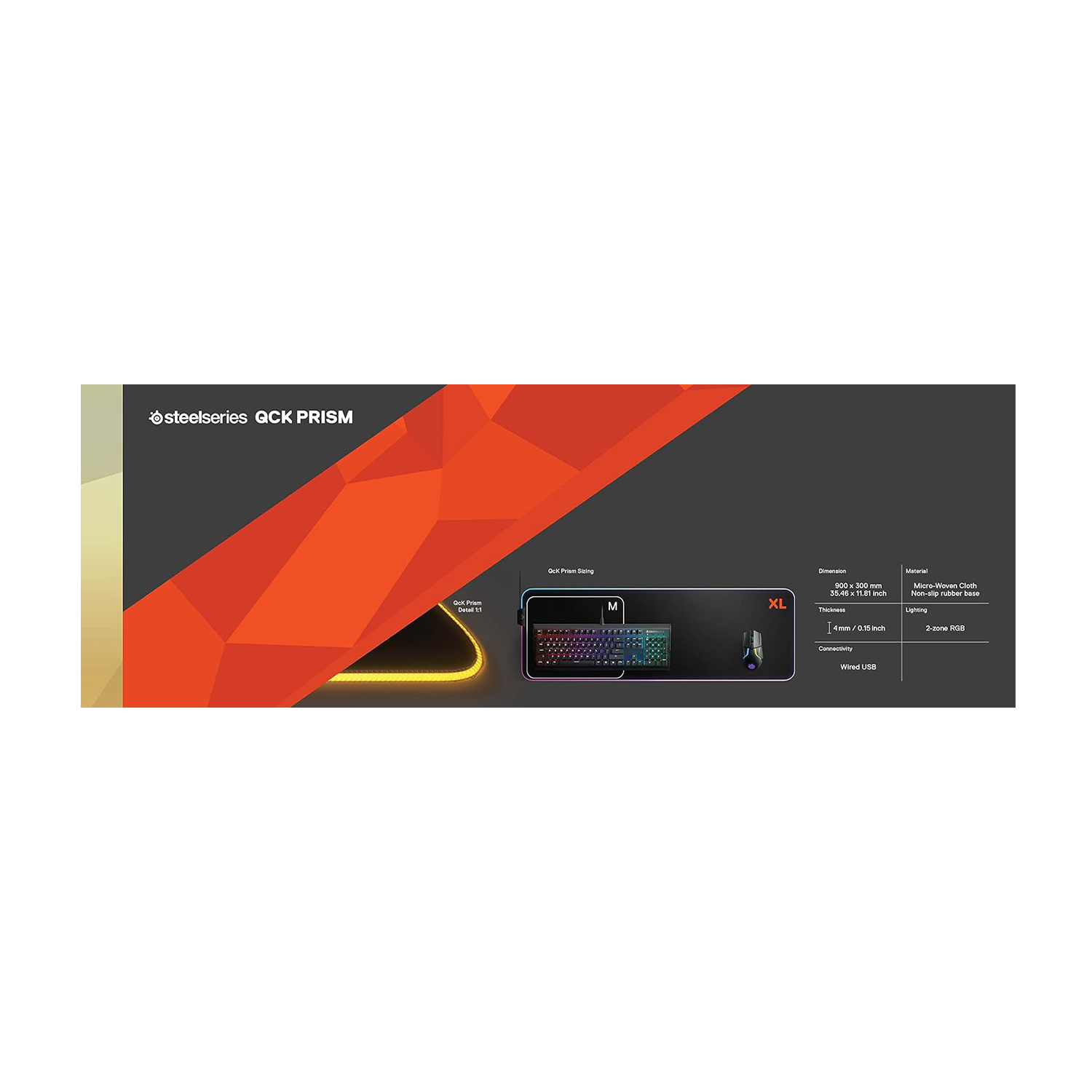 Tappetino per mouse Steelseries QCK Prism con tastiera e mouse, su sfondo scuro con forme arancioni.