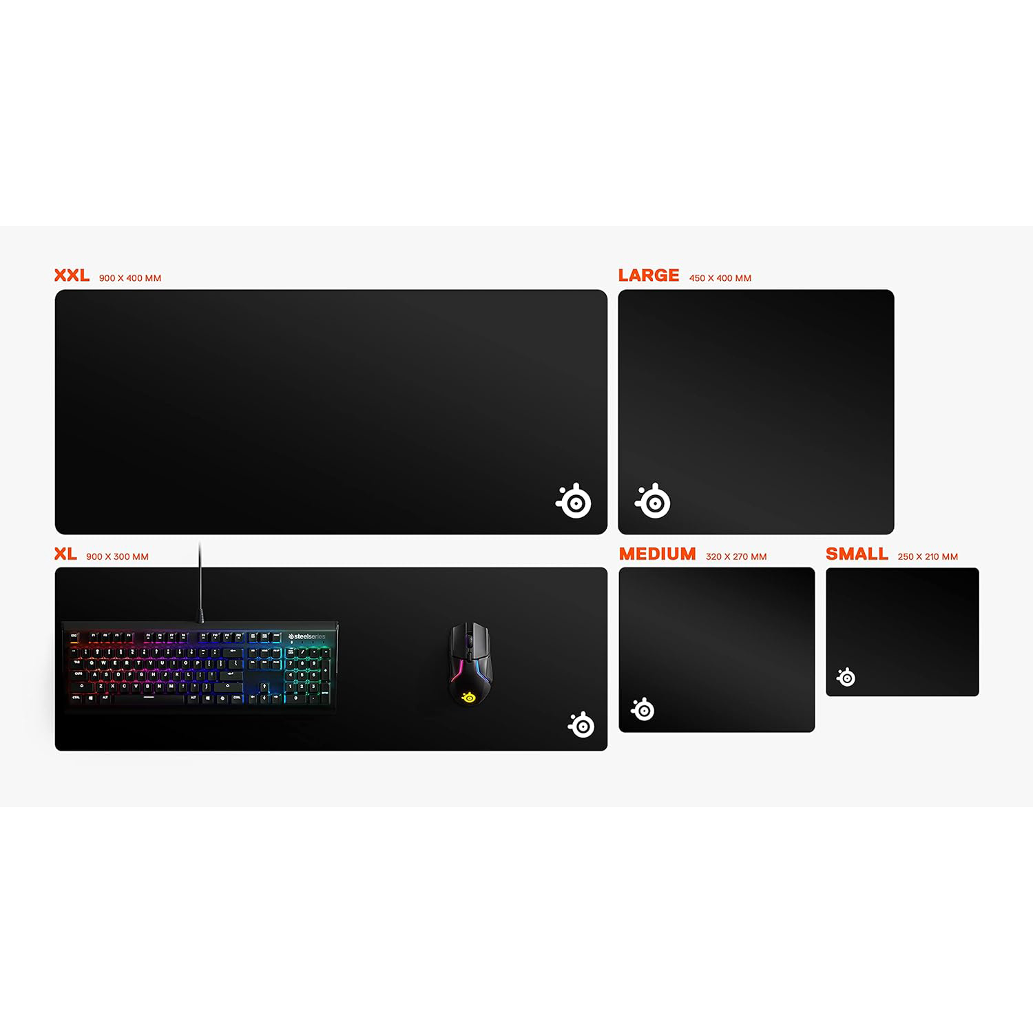 Tappetini per mouse di varie dimensioni: XXL, XL, Large, Medium e Small, con tastiera e mouse.