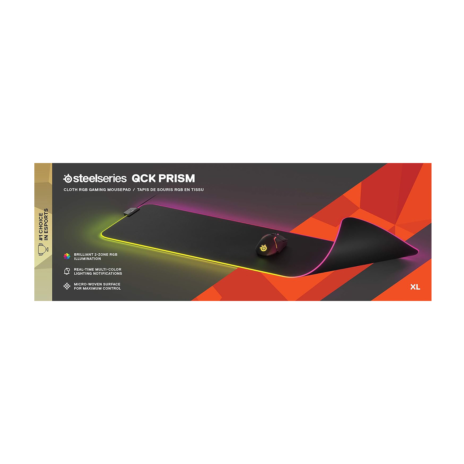 Un mousepad da gioco nero con un mouse e illuminazione RGB, con testo a sinistra.