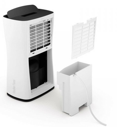 Biało-czarny osuszacz powietrza z oddzielonym zbiornikiem na wodę i filtrem.