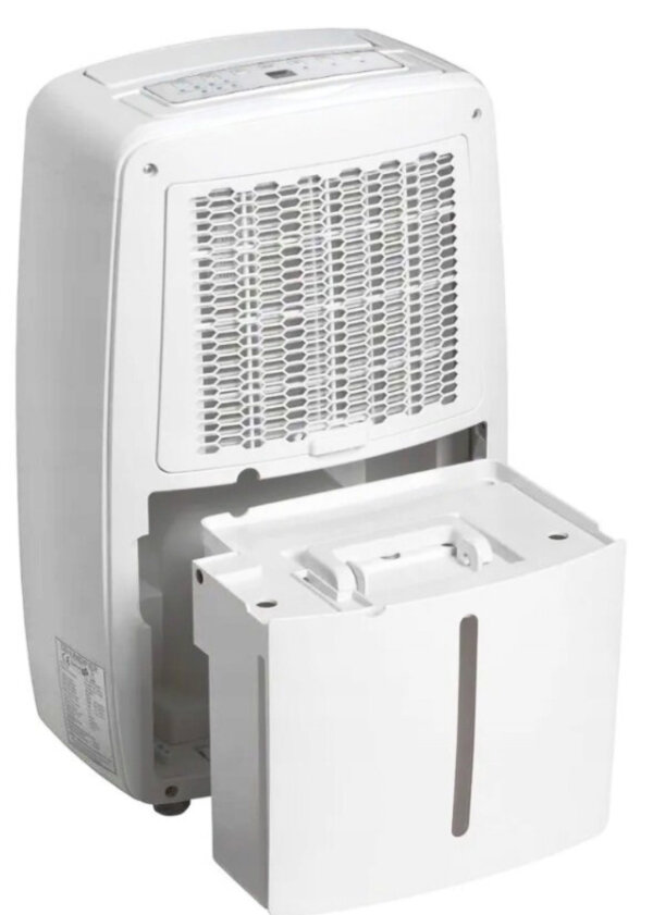 Biały osuszacz powietrza z wyjmowanym zbiornikiem na wodę, pokazujący tył.