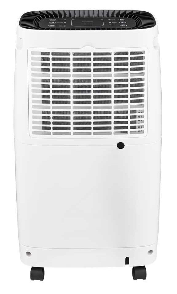 Biały oczyszczacz powietrza z czarnym blatem, przednią kratką i kółkami. Na białym tle.