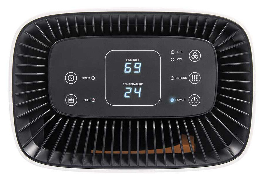 Widok z góry na panel sterowania oczyszczacza powietrza z wilgotnością i temperaturą.