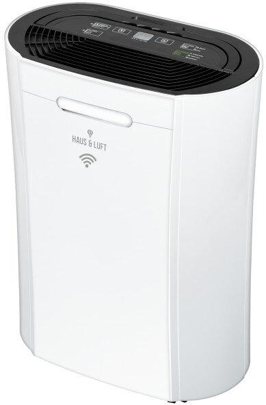 Biało-czarny oczyszczacz powietrza Haus & Luft z panelem sterowania na górze i uchwytem, ustawiony pod kątem, by pokazać bok.