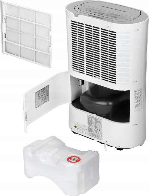 Biały osuszacz powietrza z wyjętym filtrem i zbiornikiem na wodę.