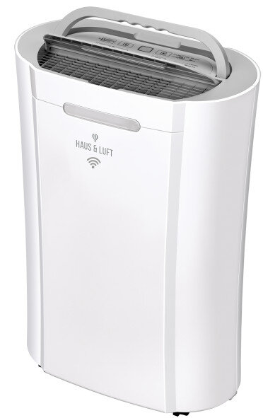 Biały oczyszczacz powietrza z srebrną rączką i panelem sterowania.