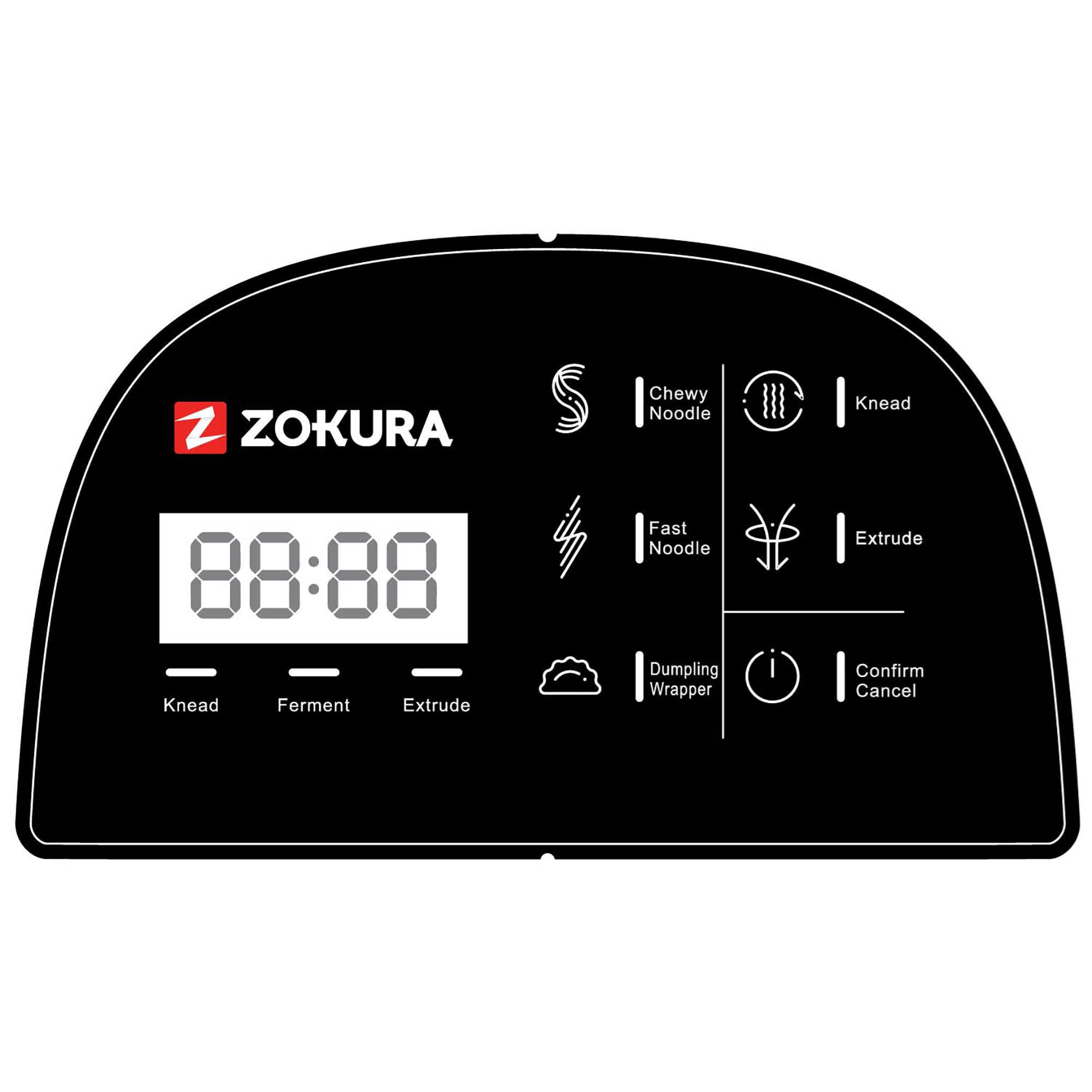 Fekete vezérlőpanel digitális kijelzővel, dagasztás, erjesztés és extrudálás ikonjaival.