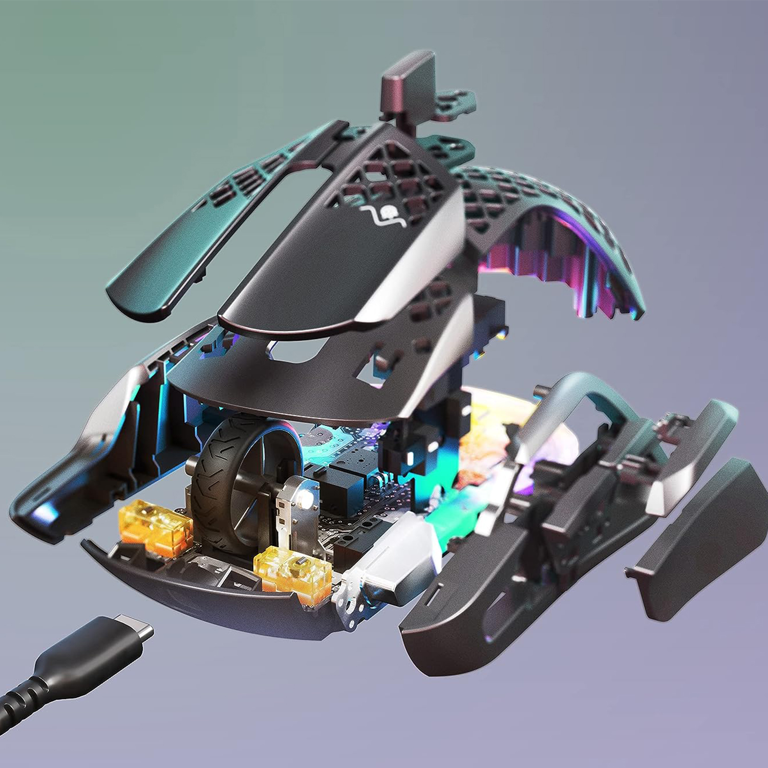 Vista esplosa di un mouse da gaming nero, che mostra i componenti interni e il cavo di connessione.