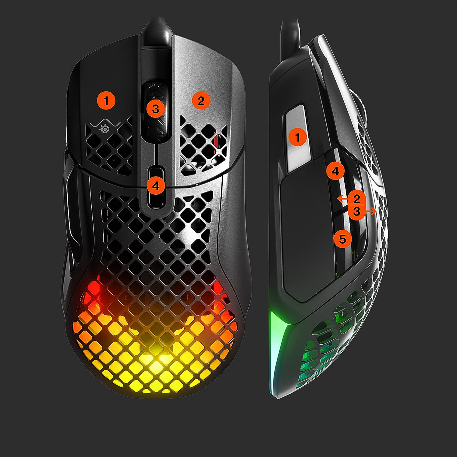 Mouse da gioco con luci. Vista laterale e superiore che mostra pulsanti e fessure.