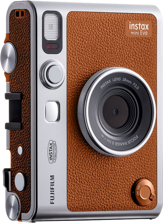 Barna Instax Mini Evo kamera ezüst szegéllyel. Lencse, gombok és vaku láthatók.