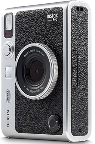 Instax Mini Evo kamera. Fekete és ezüst, kiemelkedő objektívvel és gombokkal.