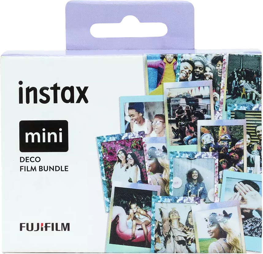 Instax mini filmcsomag. A dobozon különböző fotók láthatók, felül fekete kivágással.