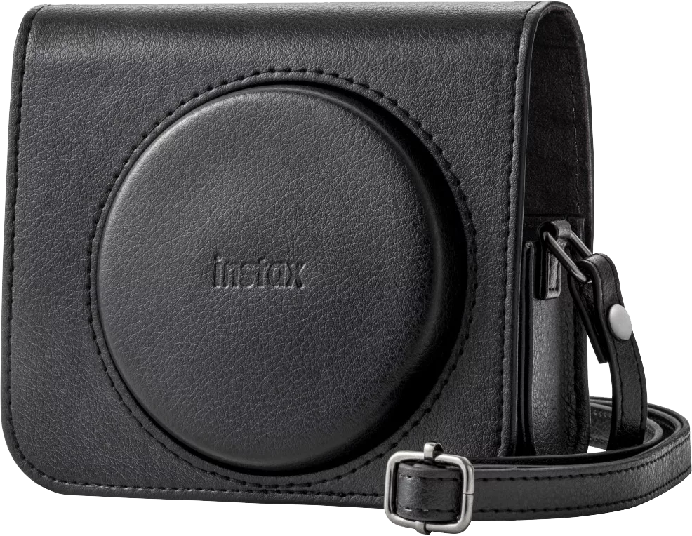 Fekete Instax tok vállpánttal, fehér háttérrel.