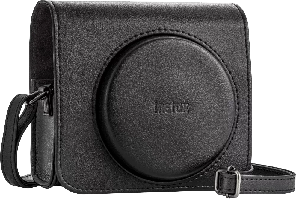 Fekete Instax tok. Fekete bőr tok, kerek lencsevédővel és vállpánttal.